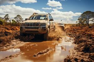 ai gerado suv dirigindo em uma sujeira estrada generativo ai foto