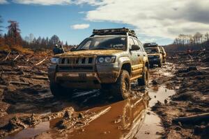 ai gerado suv dirigindo em uma sujeira estrada generativo ai foto