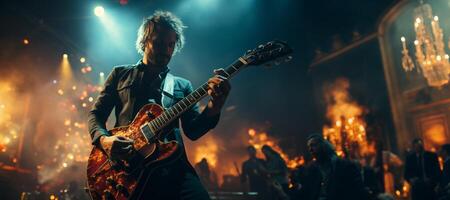 ai gerado homem em etapa jogando guitarra generativo ai foto