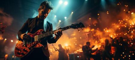 ai gerado homem em etapa jogando guitarra generativo ai foto