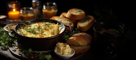 ai gerado delicioso queijo fondue em uma argila prato generativo ai foto