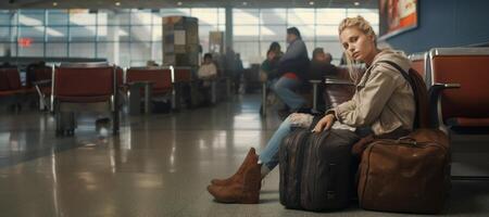 ai gerado menina com uma mala de viagem esperando às a aeroporto generativo ai foto