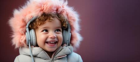 ai gerado feliz criança dentro fones de ouvido ouvindo para música bandeira generativo ai foto