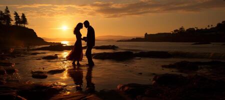ai gerado silhueta do uma casal dentro amor dançando em a costa às pôr do sol generativo ai foto