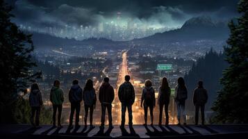 ai gerado grupo do adolescentes contra a pano de fundo do a noite cidade generativo ai foto