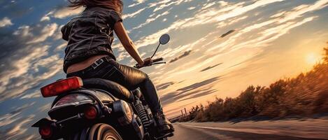 ai gerado menina em uma motocicleta costas Visão pôr do sol generativo ai foto
