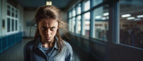 ai gerado Bravo menina dentro uma escola corredor retrato fechar-se generativo ai foto