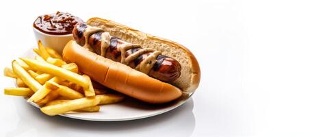 ai gerado quente cachorro com fritas em branco fundo generativo ai foto