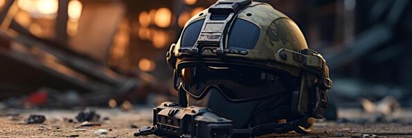 ai gerado moderno militares capacete em a terra generativo ai foto
