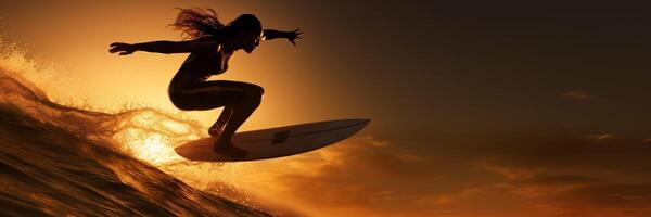 ai gerado menina surfista em a onda às pôr do sol generativo ai foto