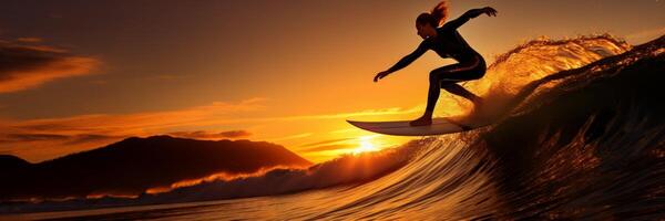 ai gerado menina surfista em a onda às pôr do sol generativo ai foto