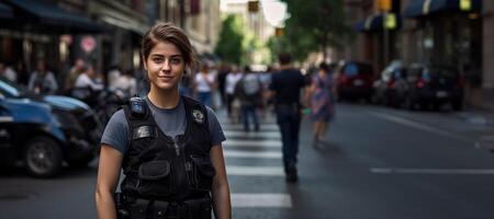 ai gerado fêmea polícia oficiais em uma cidade rua generativo ai foto