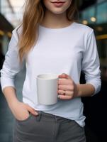 ai gerado menina dentro uma branco camiseta com uma copo do café em a rua generativo ai foto