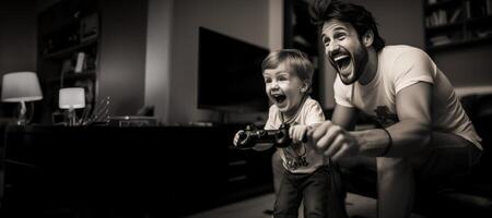 ai gerado pai e criança jogando vídeo jogos console generativo ai foto