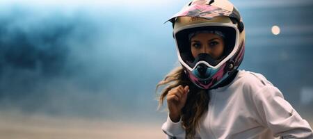 ai gerado menina dentro uma motocicleta capacete generativo ai foto