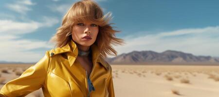 ai gerado retrato do uma menina dentro uma amarelo capa de chuva dentro a deserto generativo ai foto