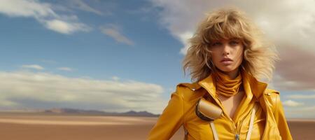 ai gerado retrato do uma menina dentro uma amarelo capa de chuva dentro a deserto generativo ai foto