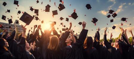 ai gerado uma grupo do graduados lança seus chapéus para dentro a céu generativo ai foto