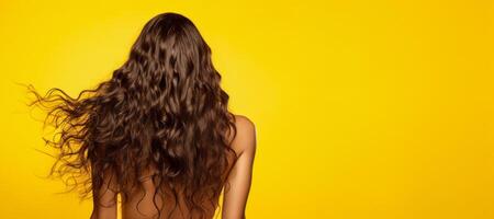 ai gerado lindo fêmea grandes cabelo costas Visão em amarelo fundo generativo ai foto