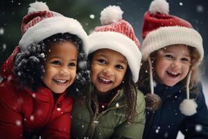 ai gerado crianças dentro santa claus chapéus jogando dentro a neve generativo ai foto