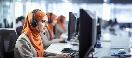 ai gerado muçulmano mulher dentro hijab trabalhando dentro uma ligar Centro generativo ai foto
