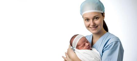 ai gerado recém-nascido bebê dentro a mãos do uma saúde trabalhador generativo ai foto