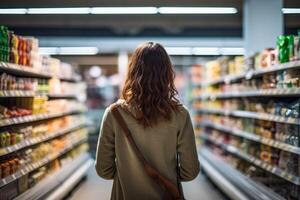 ai gerado menina dentro a loja escolhe produtos traseiro Visão generativo ai foto