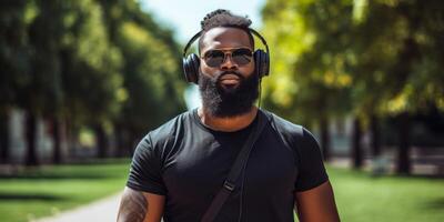 ai gerado africano americano homem caminhando através a parque vestindo fones de ouvido generativo ai foto