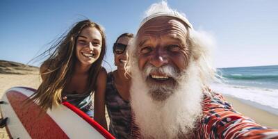 ai gerado idosos surfista em a de praia generativo ai foto