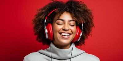 ai gerado menina dentro fones de ouvido ouvindo para música generativo ai foto