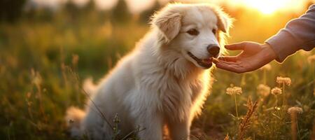 ai gerado homem acariciando uma cachorro dentro natureza generativo ai foto