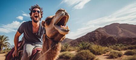 ai gerado homem equitação uma camelo dentro a deserto generativo ai foto