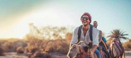 ai gerado homem equitação uma camelo dentro a deserto generativo ai foto