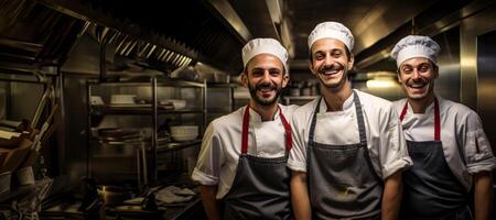 ai gerado equipe do sorridente chefs dentro a cozinha generativo ai foto