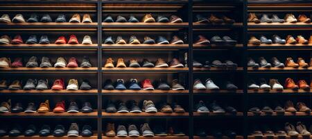 ai gerado exibição caso com sapatos dentro uma sapato loja generativo ai foto