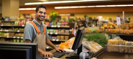 ai gerado caixa dentro uma supermercado generativo ai foto