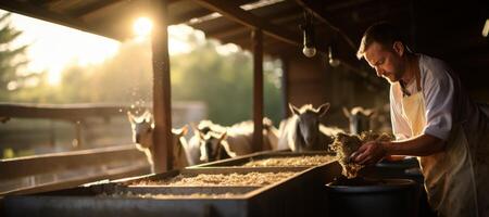 ai gerado agricultor alimentando animais generativo ai foto