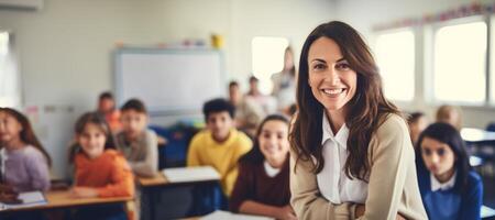 ai gerado fêmea professor dentro frente do uma Sala de aula com crianças generativo ai foto