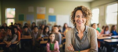 ai gerado fêmea professor dentro frente do uma Sala de aula com crianças generativo ai foto