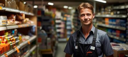 ai gerado retrato do uma supermercado trabalhador em borrado generativo ai foto