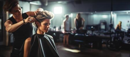 ai gerado mulher fazendo dela cabelo às a cabeleireiro generativo ai foto