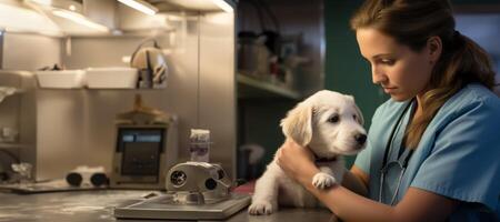 ai gerado fêmea veterinário com cachorro generativo ai foto