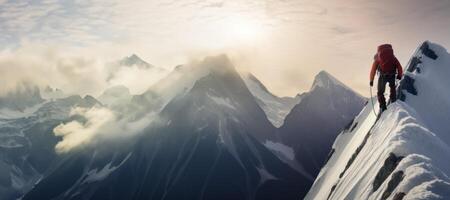 ai gerado Rocha alpinista em topo do Nevado montanhas generativo ai foto