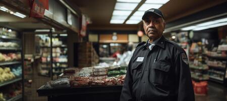 ai gerado retrato do uma masculino segurança guarda às uma supermercado generativo ai foto