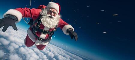 ai gerado santa claus paraquedista dentro a céu generativo ai foto