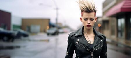 ai gerado retrato do uma legal punk menina dentro a grande cidade generativo ai foto