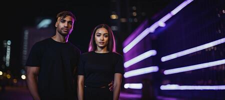 ai gerado cara e menina em a rua dentro Preto Camisetas generativo ai foto