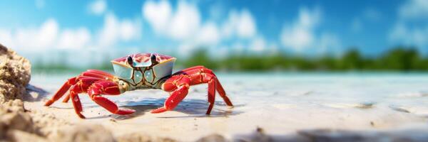 ai gerado vermelho caranguejo em a Beira Mar generativo ai foto