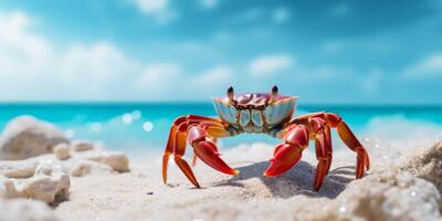 ai gerado vermelho caranguejo em a Beira Mar generativo ai foto