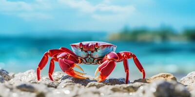 ai gerado vermelho caranguejo em a Beira Mar generativo ai foto